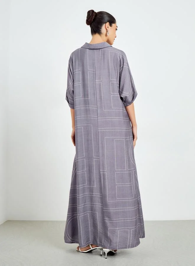 Amirah  Purple Printed Collared A-Line Jalabiya for Women | Best Price UAE