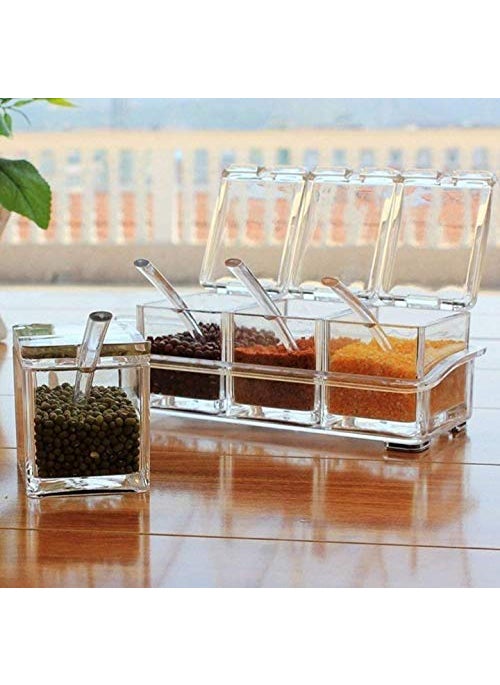 KPS Crystal Seasoning Box Kitchen Acrylic Transparent Spice Jar Case Set for Storage Condiment Jars and Serving Spoons Pepper Rack Plastic See Through Containers Multipurpose