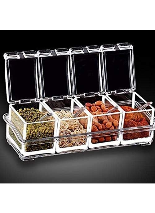 KPS Crystal Seasoning Box Kitchen Acrylic Transparent Spice Jar Case Set for Storage Condiment Jars and Serving Spoons Pepper Rack Plastic See Through Containers Multipurpose