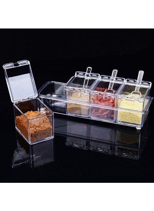 KPS Crystal Seasoning Box Kitchen Acrylic Transparent Spice Jar Case Set for Storage Condiment Jars and Serving Spoons Pepper Rack Plastic See Through Containers Multipurpose