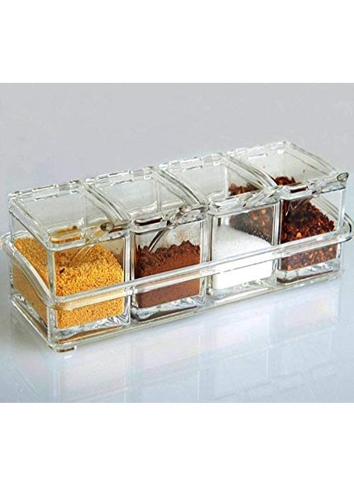 KPS Crystal Seasoning Box Kitchen Acrylic Transparent Spice Jar Case Set for Storage Condiment Jars and Serving Spoons Pepper Rack Plastic See Through Containers Multipurpose