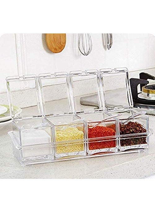 KPS Crystal Seasoning Box Kitchen Acrylic Transparent Spice Jar Case Set for Storage Condiment Jars and Serving Spoons Pepper Rack Plastic See Through Containers Multipurpose