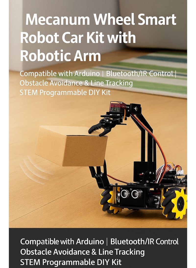 robotgcc Mecanum Wheel Robotic Arm Smart Car Kit – 4WD Omnidirectional Movement, Gripping Arm, Infrared Line Tracking, Ultrasonic Obstacle Avoidance, Bluetooth & IR Control – Arduino IDE Programmable STEM Robot Kit - Image 3