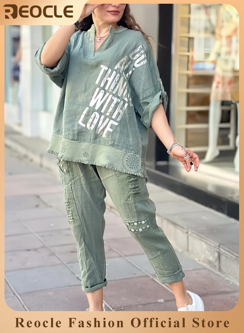 ريوكل طقم ملابس استرخاء نسائي تيشيرت بنصف أكمام وياقة على شكل حرف V مع طباعة حروف طقم بنطلون مكون من قطعتين ملابس رياضية واسعة، ملابس استرخاء للسيدات طقم بدلة رياضية - Image 1