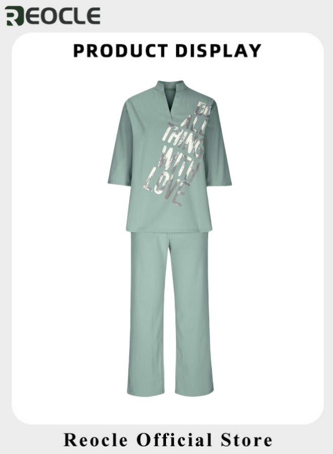 ريوكل طقم ملابس استرخاء نسائي تيشيرت بنصف أكمام وياقة على شكل حرف V مع طباعة حروف طقم بنطلون مكون من قطعتين ملابس رياضية واسعة، ملابس استرخاء للسيدات طقم بدلة رياضية - Image 5