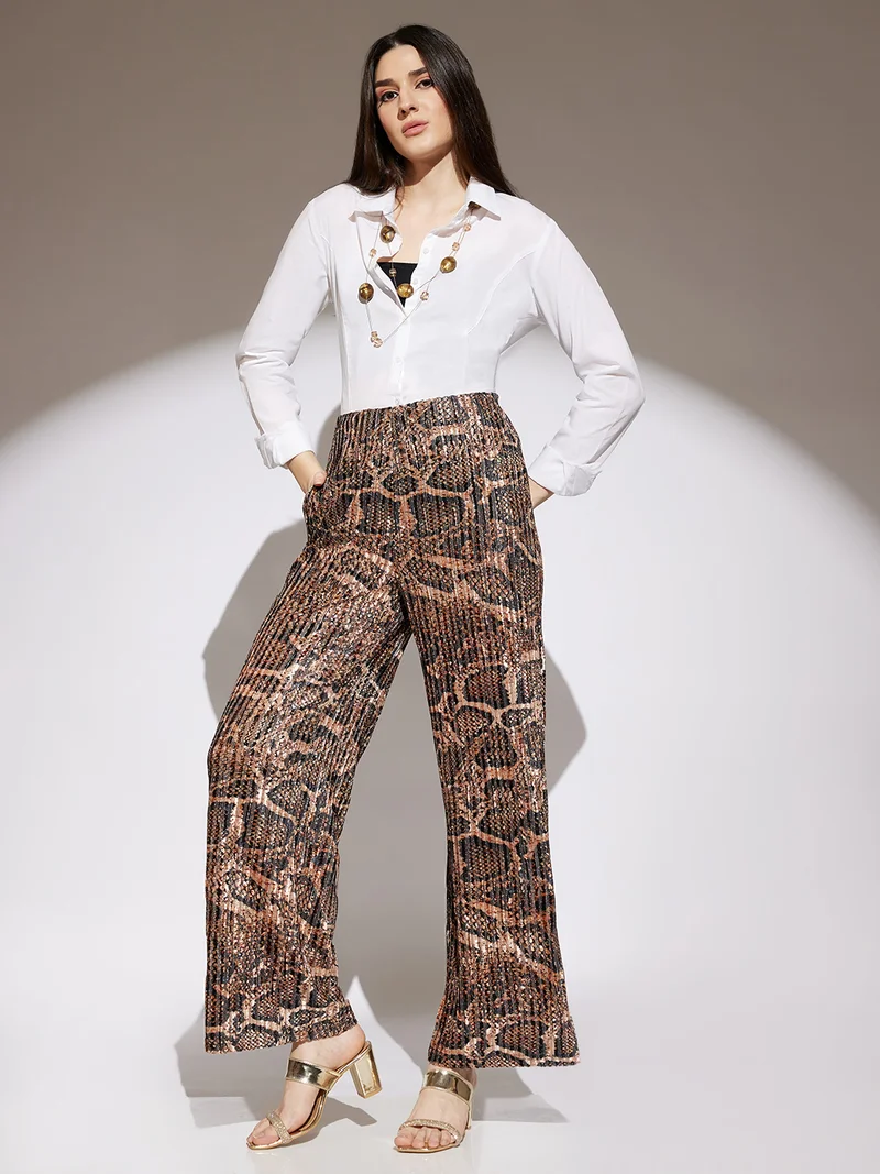 globus Women Gold Animal Print Mid Rise Accordian Pleats Wide Leg Party Wear Trousers