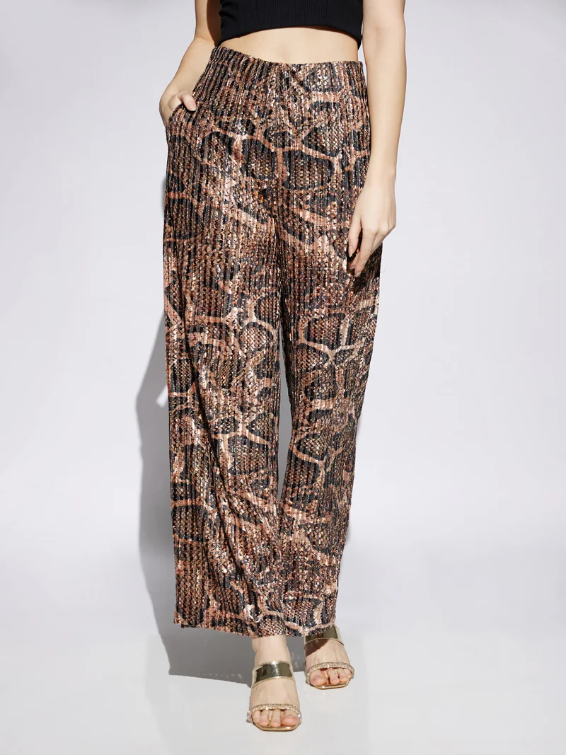 globus Women Gold Animal Print Mid Rise Accordian Pleats Wide Leg Party Wear Trousers