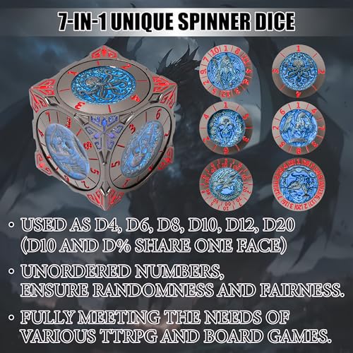 Froggod Roulette Dice Spinner 7in1 Metal DND Dice Set with 3D Relief Mechanical DND Spinner for Dungeons and Dragons Gifts DM PlayersBlack Blue - Image 5