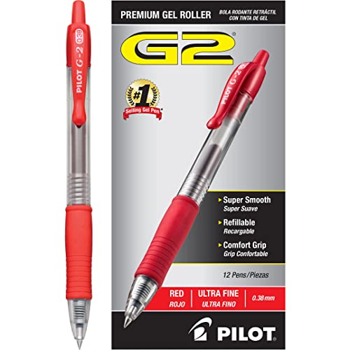 Pilot G2 Premium Gel Roller Pens, Ultra Fine Point 0.38 mm, Red Pens, Pack of 12 - Ideal for School, Journaling & Office Writing - Image 2