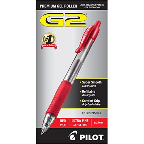 Pilot G2 Premium Gel Roller Pens, Ultra Fine Point 0.38 mm, Red Pens, Pack of 12 - Ideal for School, Journaling & Office Writing - Image 1