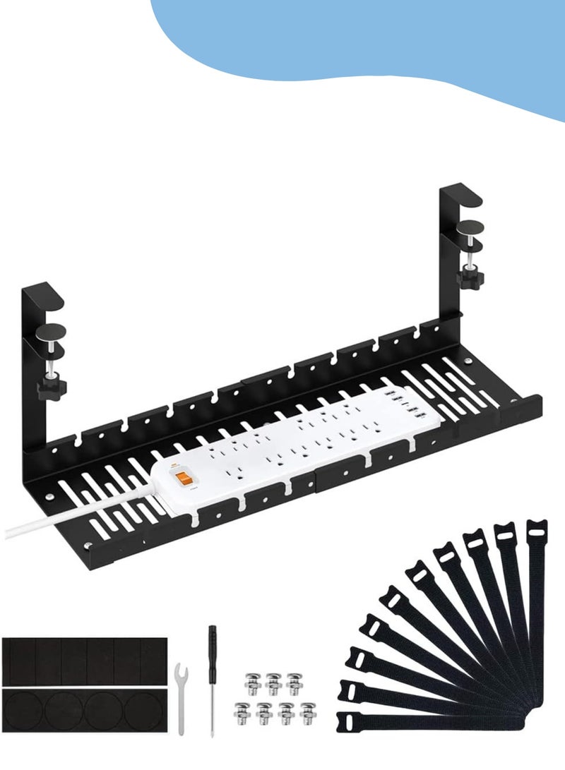 Under Desk Cable Management Tray, Adjustable cable organizer, Under Desk Cord Organizer with Clamp Mount System for Wire Management, Metal Wire Cable Holder for Desks, Offices, No Need to Drill Holes