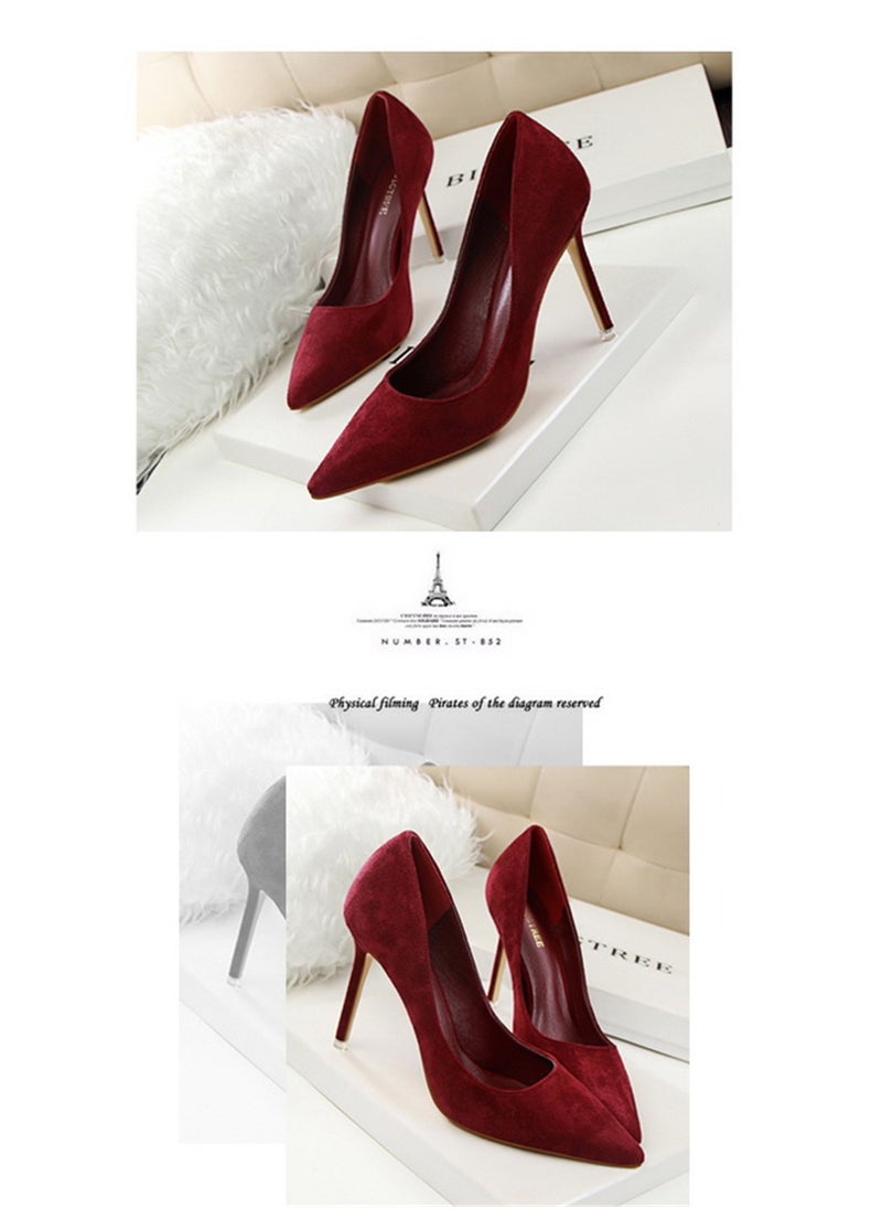 BIGTREE 9cm Korean Version Of Fashion Simple Slim Heel High Heel Shallow Mouth Pointed Suede Slim Heels Nave Red  - Image 2