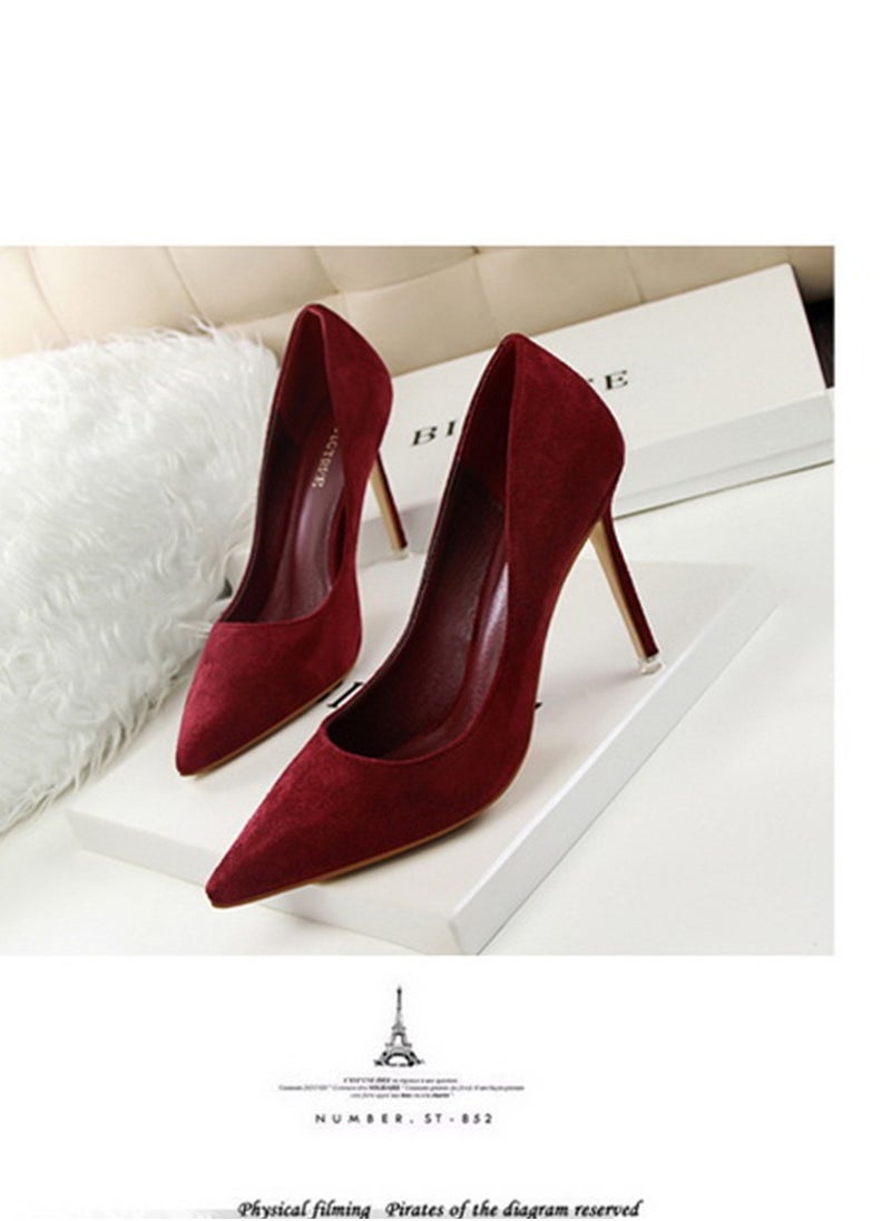 BIGTREE 9cm Korean Version Of Fashion Simple Slim Heel High Heel Shallow Mouth Pointed Suede Slim Heels Nave Red  - Image 1