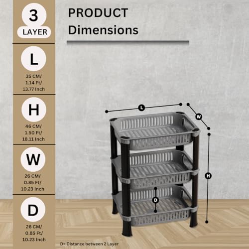 FOROLY 3-Layer Multipurpose Plastic Kitchen Storage Rack | Vegetable Basket Organizer | Stackable Storage Stand for Home, Pantry, Bathroom, Office – Durable Space-Saving Shelf (Silver) - Image 2