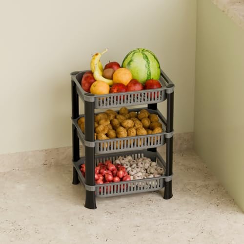 FOROLY 3-Layer Multipurpose Plastic Kitchen Storage Rack | Vegetable Basket Organizer | Stackable Storage Stand for Home, Pantry, Bathroom, Office – Durable Space-Saving Shelf (Silver) - Image 1