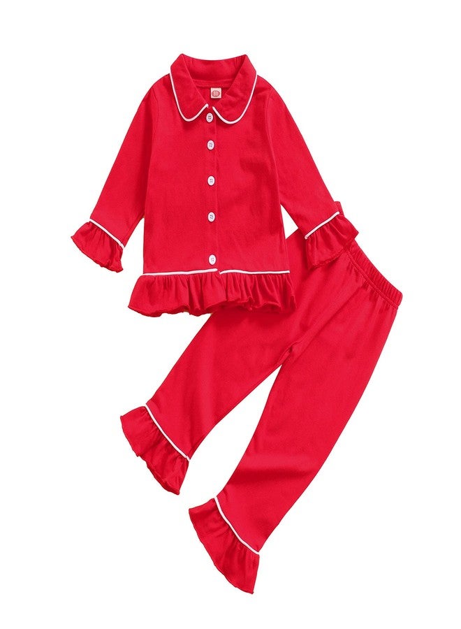SAYOO Toddler Baby Girls Christmas Valentines Pajamas Set Frill Trim Ruffle Hem Lapel Button Down Tops Pants 2Pcs Sleepwear (W Red, 2-3 Years) - Image 1
