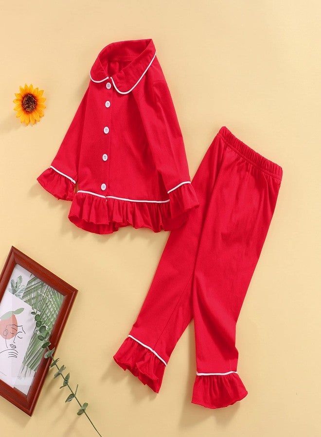 SAYOO Toddler Baby Girls Christmas Valentines Pajamas Set Frill Trim Ruffle Hem Lapel Button Down Tops Pants 2Pcs Sleepwear (W Red, 2-3 Years) - Image 3