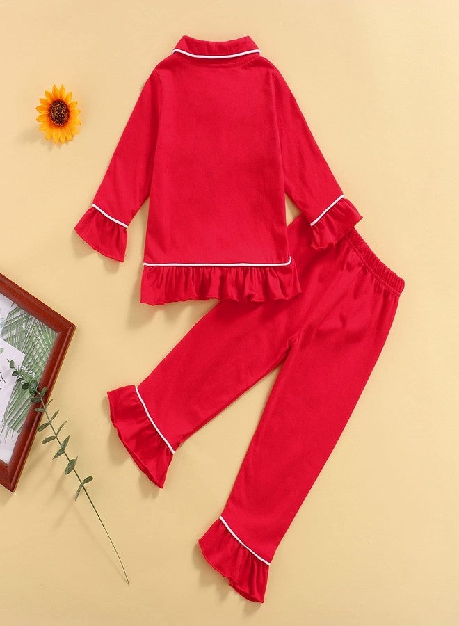 SAYOO Toddler Baby Girls Christmas Valentines Pajamas Set Frill Trim Ruffle Hem Lapel Button Down Tops Pants 2Pcs Sleepwear (W Red, 2-3 Years) - Image 4