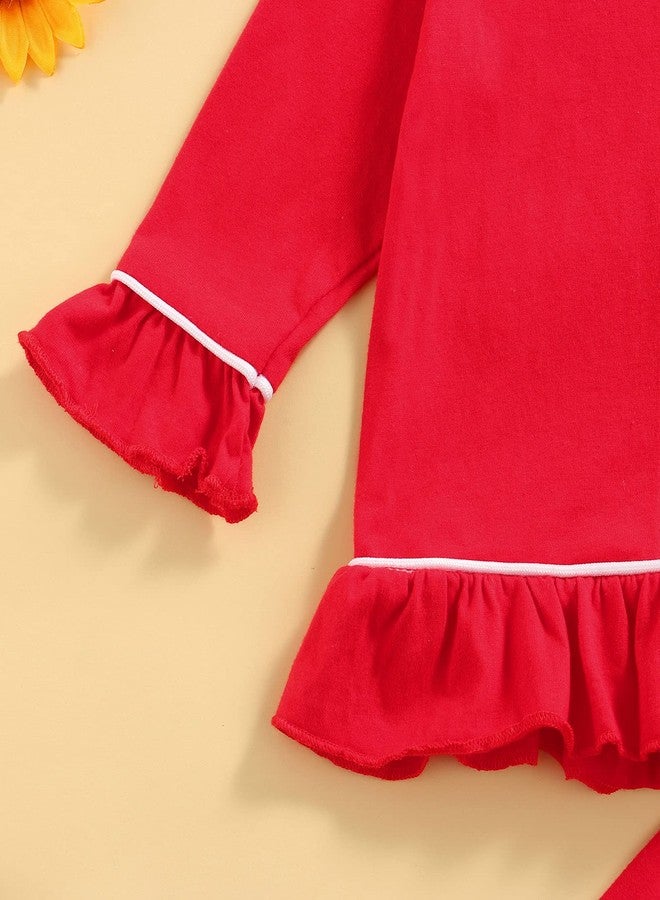 SAYOO Toddler Baby Girls Christmas Valentines Pajamas Set Frill Trim Ruffle Hem Lapel Button Down Tops Pants 2Pcs Sleepwear (W Red, 2-3 Years) - Image 2