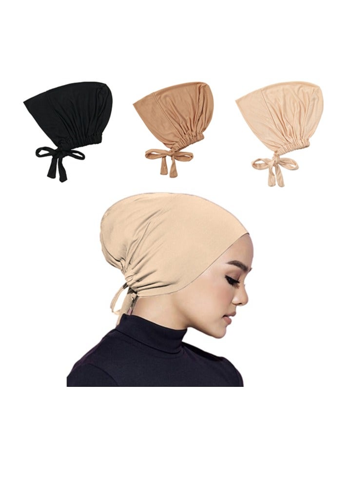 3 Pcs Women Hijab Undercap Islamic Muslim Inner Beanies Cap with Tie Back Closure, Adjustable Underscarf Hat Turban Cap India Hats Female Headwrap - Image 1
