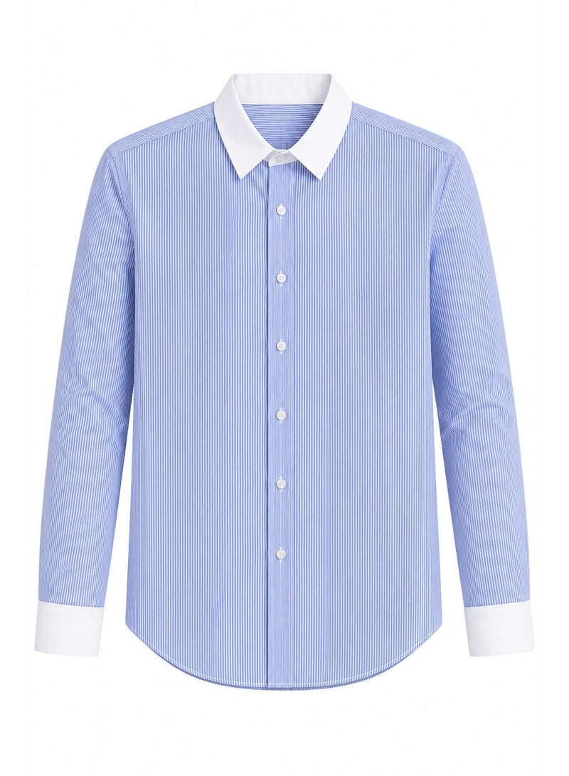 ZARA Women's Light Blue and White Striped Long Sleeve Shirt, Contrast White Collar and Cuffs, Classic Button Down Formal Casual Blouse, Elegant Women's Top, Size XS - Image 1