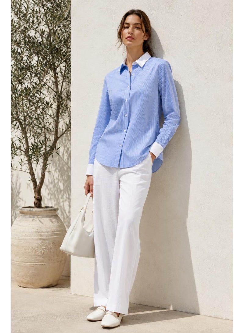 ZARA Women's Light Blue and White Striped Long Sleeve Shirt, Contrast White Collar and Cuffs, Classic Button Down Formal Casual Blouse, Elegant Women's Top, Size XS - Image 5