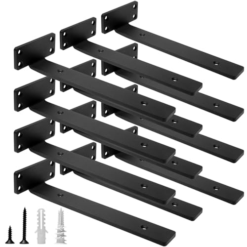HITOMEN Heavy Duty Floating Shelf Brackets, 10-Inch (1/5'' Thick) Hidden Shelves Hardware, Iron L Brackets, Rustic Industrial Black Metal Wall Shelving Supports, 12 Pack - Image 1