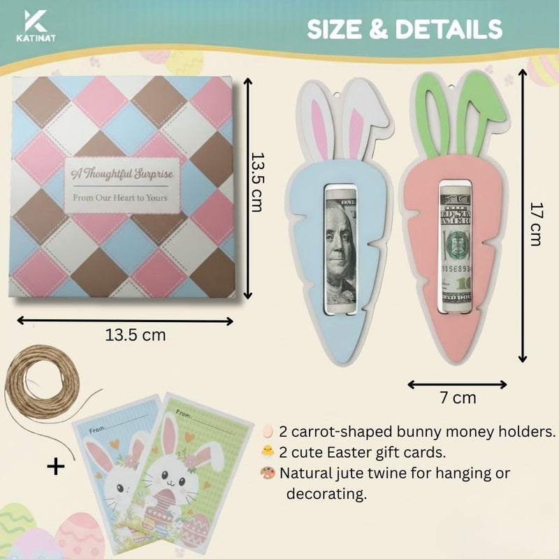 KATINAT Easter Carrot Money Holder for Kids 2.75 x 6.7 Inch, Wooden 2 Layer Easter Basket Stuffer with Card, Bunny Money Cash Holder Gift, Easter Money Holder Easter Gifts Money Gift Holder for Boys Girls Toddlers - Image 3