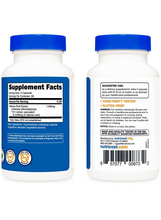 Nutricost Valerian Root Capsules (1000mg Per Serving) 120 Capsules - 4,000mg Equivalent Per Serving (4:1 Extract), Vegetarian Caps, Gluten Free, Non-GMO - Image 4