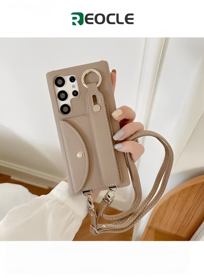 REOCLE Samsung Galaxy S23 Ultra Case with Card Holder & Crossbody Shoulder Strap & Wristband Litchi Texture Phone Cover Case for Galaxy S23 Ultra - Image 1