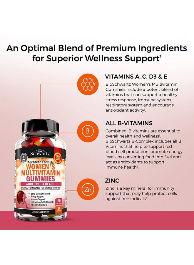 BioSchwartz Women's Multivitamin Gummies with Vitamin A C B6 B12 D & E Vitamins for Immune Support - Gummy Multivitamin for Women for Bone Breast Skin Joint & Energy Dietary Supplement, Mixed Berry Flavor, 60 Ct  - Image 3