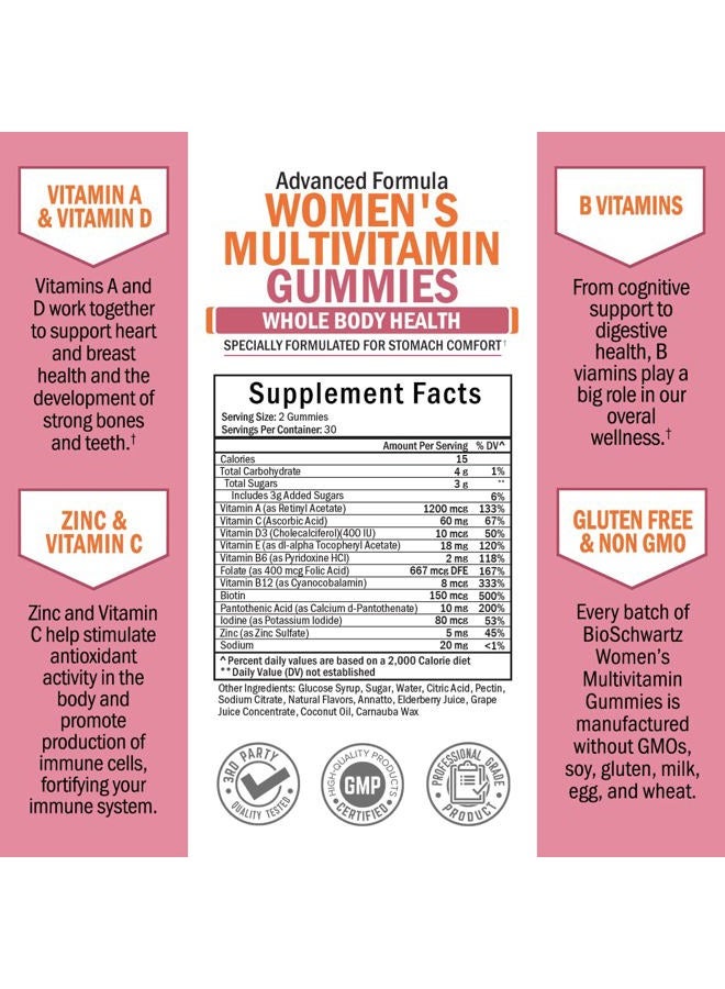 BioSchwartz Women's Multivitamin Gummies with Vitamin A C B6 B12 D & E Vitamins for Immune Support - Gummy Multivitamin for Women for Bone Breast Skin Joint & Energy Dietary Supplement, Mixed Berry Flavor, 60 Ct  - Image 4