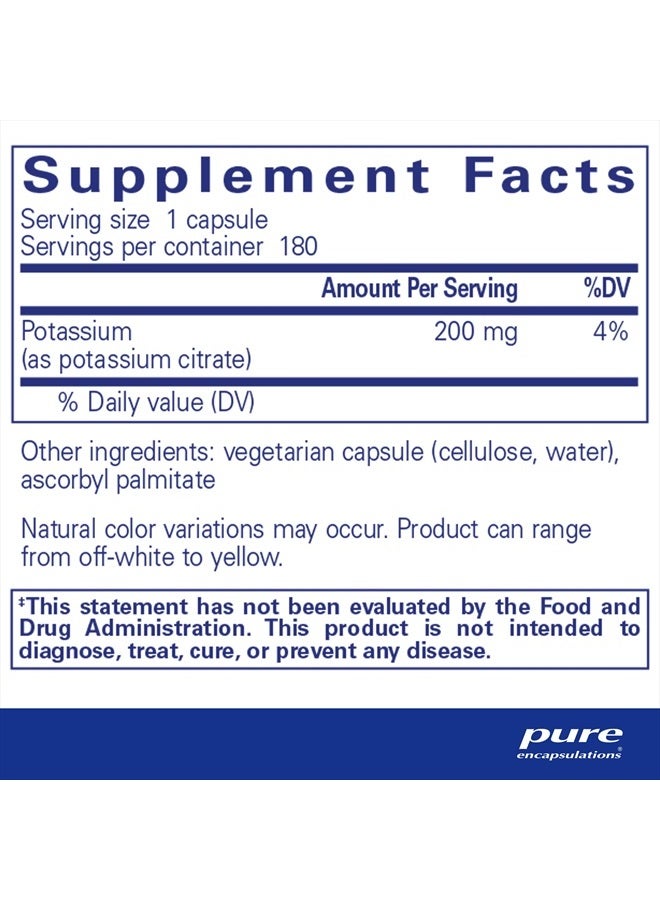 Pure Encapsulations البوتاسيوم (سترات) - مكمل إلكتروليت أساسي لدعم وظيفة الأعصاب والعضلات، الغدد الكظرية، الهرمونات، صحة القلب والطاقة* - كبسولة سترات البوتاسيوم - 180 كبسولة - Image 2