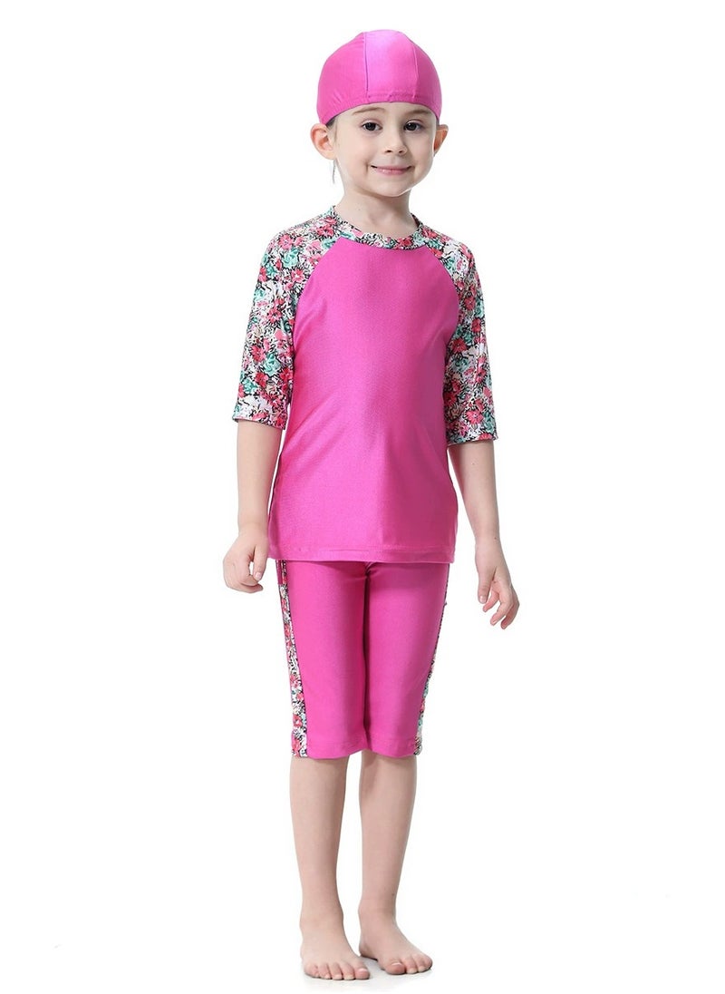 Loquat - 3-Piece Girls Fast Dry Round Neck Flower Muslim Conservative Islamic Swimwear Burkinis Split Swimsuit Swimwear With Cap Set Pink - Image 1