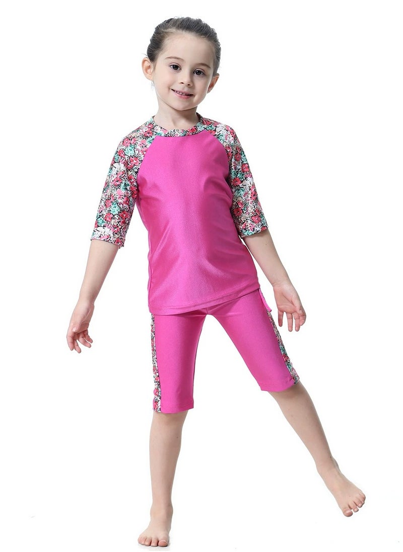 Loquat - 3-Piece Girls Fast Dry Round Neck Flower Muslim Conservative Islamic Swimwear Burkinis Split Swimsuit Swimwear With Cap Set Pink - Image 1