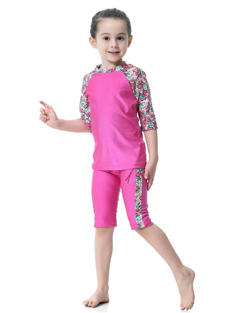 Loquat - 3-Piece Girls Fast Dry Round Neck Flower Muslim Conservative Islamic Swimwear Burkinis Split Swimsuit Swimwear With Cap Set Pink - Image 1