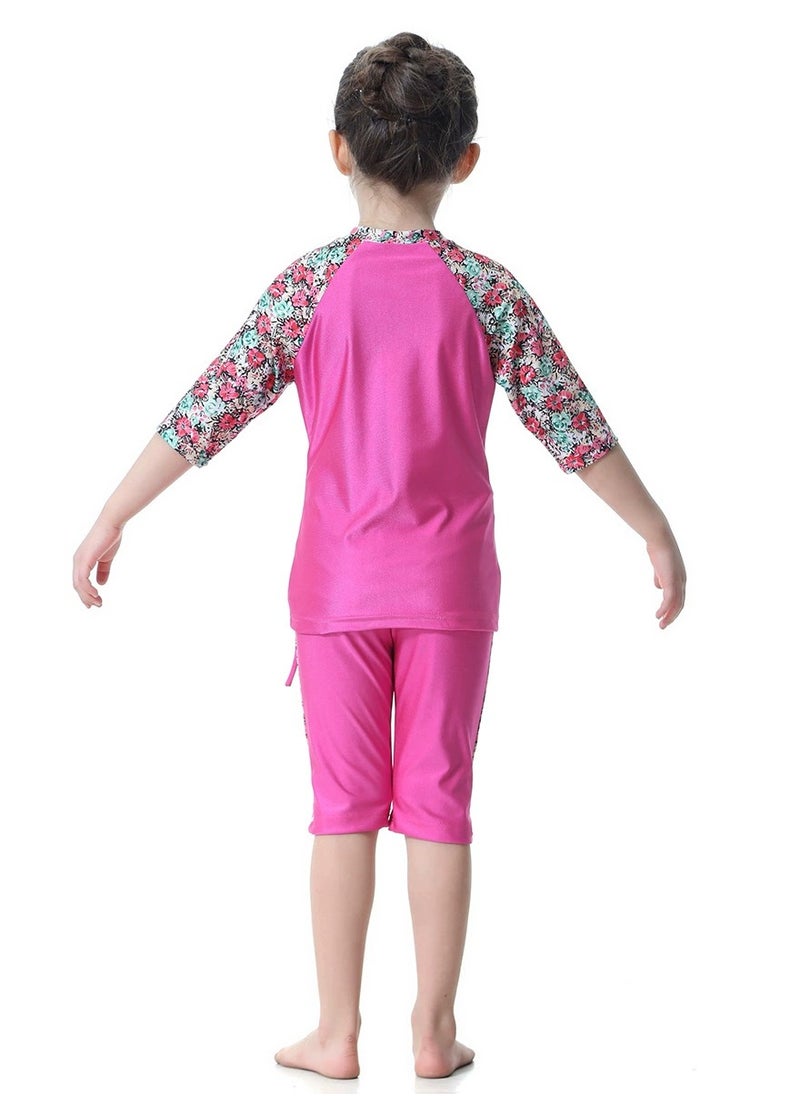 Loquat - 3-Piece Girls Fast Dry Round Neck Flower Muslim Conservative Islamic Swimwear Burkinis Split Swimsuit Swimwear With Cap Set Pink - Image 1