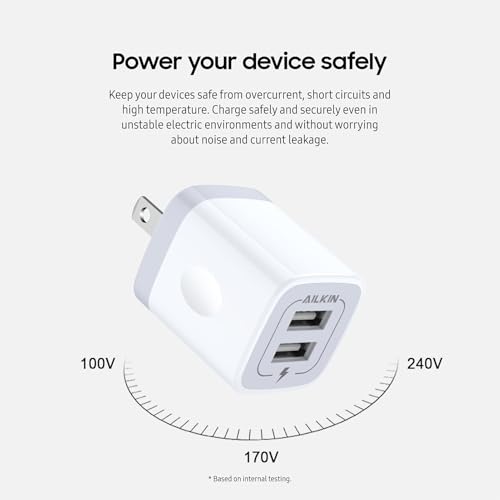 AILKIN USB Wall Charger, Charger Adapter, AILKIN 2-Pack 2.1A Dual Port Quick Plug Cube for iPhone 15 14 13 12 11 Pro Max 10 SE X XS Plus Samsung Galaxy S23 S22 S21 Power Block Fast Charging Box Brick - Image 4