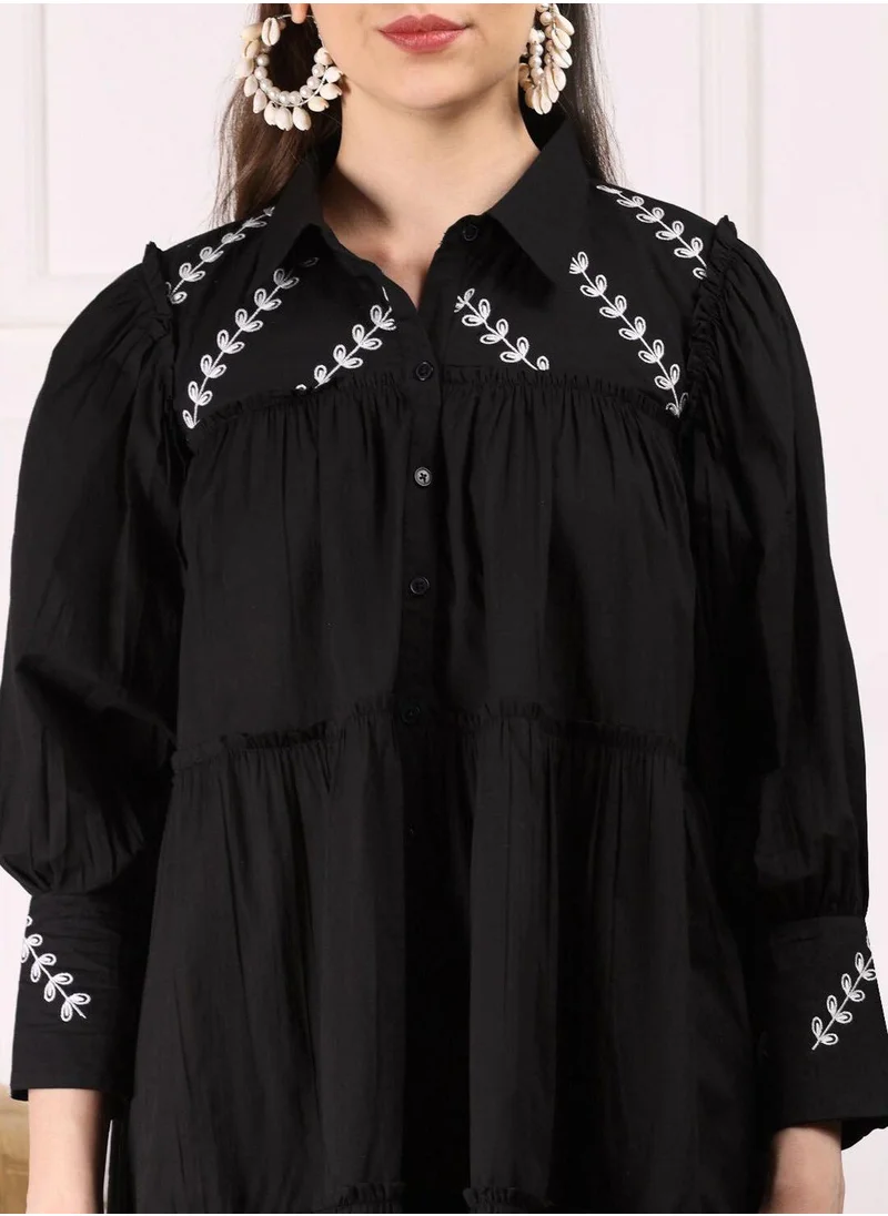 آي شين Women's Black Cotton Blend Embellished Midi Smock Straight Fit Dress
