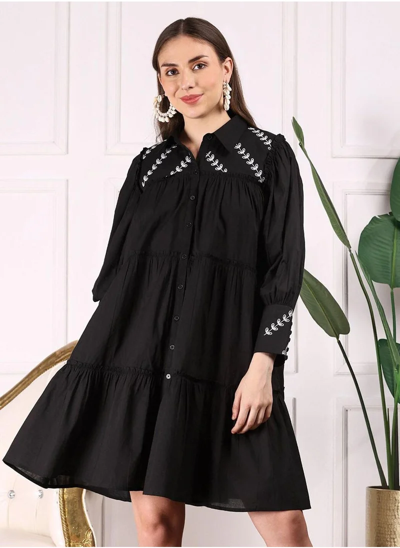 آي شين Women's Black Cotton Blend Embellished Midi Smock Straight Fit Dress