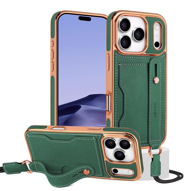 iPhone 16 Pro Case TPU for iPhone 16 16 Plus 16 Pro 16 Pro Max with Kickstand and Lanyard and Full Coverage and Card Holder in Green finish - Image 1