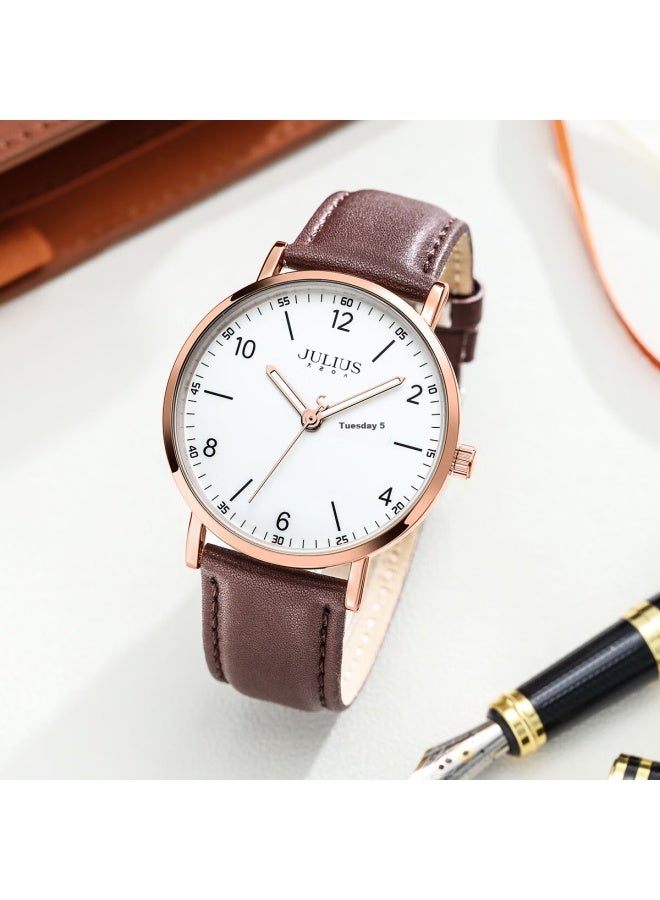 Julius Men's Watch New Model For Middle And High School Students Exam Calendar Quartz Brown Strap White Dial Ja-1516mc - Image 1