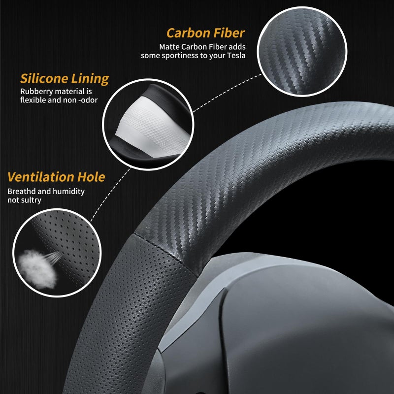 Uxcer Carbon Fiber Leather Steering Wheel Cover for Tesla Model 3/Y 2016-2025 2026 Juniper/Highland, Non-Slip Breathable Steering Wheel Protector for Tesla Model 3/Y Accessories 2026 - Image 5