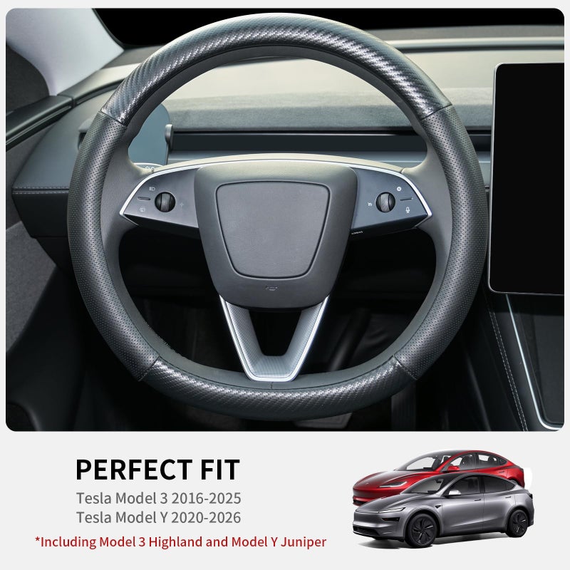 Uxcer Carbon Fiber Leather Steering Wheel Cover for Tesla Model 3/Y 2016-2025 2026 Juniper/Highland, Non-Slip Breathable Steering Wheel Protector for Tesla Model 3/Y Accessories 2026 - Image 2