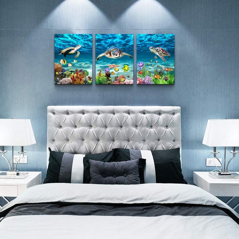 AHUASJART Canvas Wall Art for Living Room Large Size Wall decor for Bedroom Bathroom Wall Decoration blue Ocean Sea Turtle Paintings Modern shark Pictures Artwork office Decor Ready to Hang 16" x 24" 3 Piece - Image 3