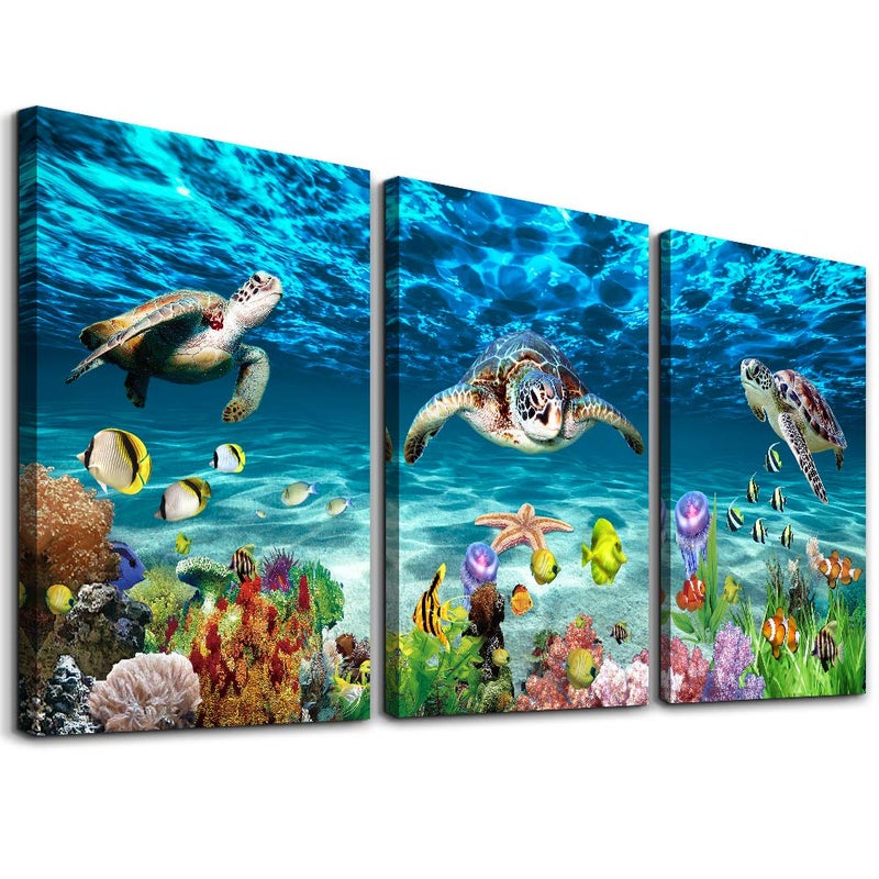 AHUASJART Canvas Wall Art for Living Room Large Size Wall decor for Bedroom Bathroom Wall Decoration blue Ocean Sea Turtle Paintings Modern shark Pictures Artwork office Decor Ready to Hang 16" x 24" 3 Piece - Image 1