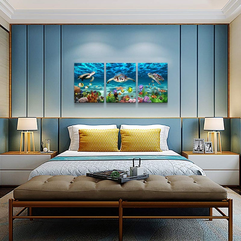 AHUASJART Canvas Wall Art for Living Room Large Size Wall decor for Bedroom Bathroom Wall Decoration blue Ocean Sea Turtle Paintings Modern shark Pictures Artwork office Decor Ready to Hang 16" x 24" 3 Piece - Image 4