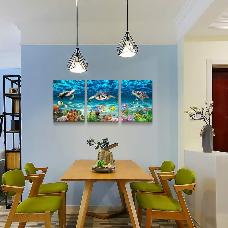 AHUASJART Canvas Wall Art for Living Room Large Size Wall decor for Bedroom Bathroom Wall Decoration blue Ocean Sea Turtle Paintings Modern shark Pictures Artwork office Decor Ready to Hang 16" x 24" 3 Piece - Image 2