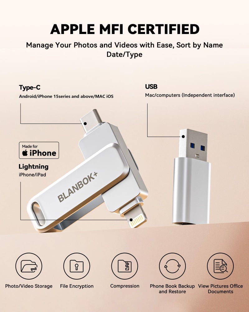 BLANBOK+ MFi Certified 256GB iPhone Photo Stick, USB Flash Drive for Photo/Video Backup, High-Speed Thumb Drive Compatible for iPhone/iPad/Android/PC (Silver) - Image 2