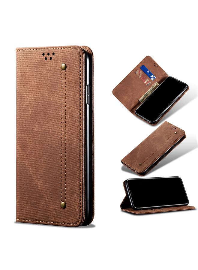 اس-توب جراب لهاتف Motorola Moto Edge 2021 بتصميم كاجوال من قماش الدنيم مع حامل وفتحات للبطاقات ومحفظة. - Image 1